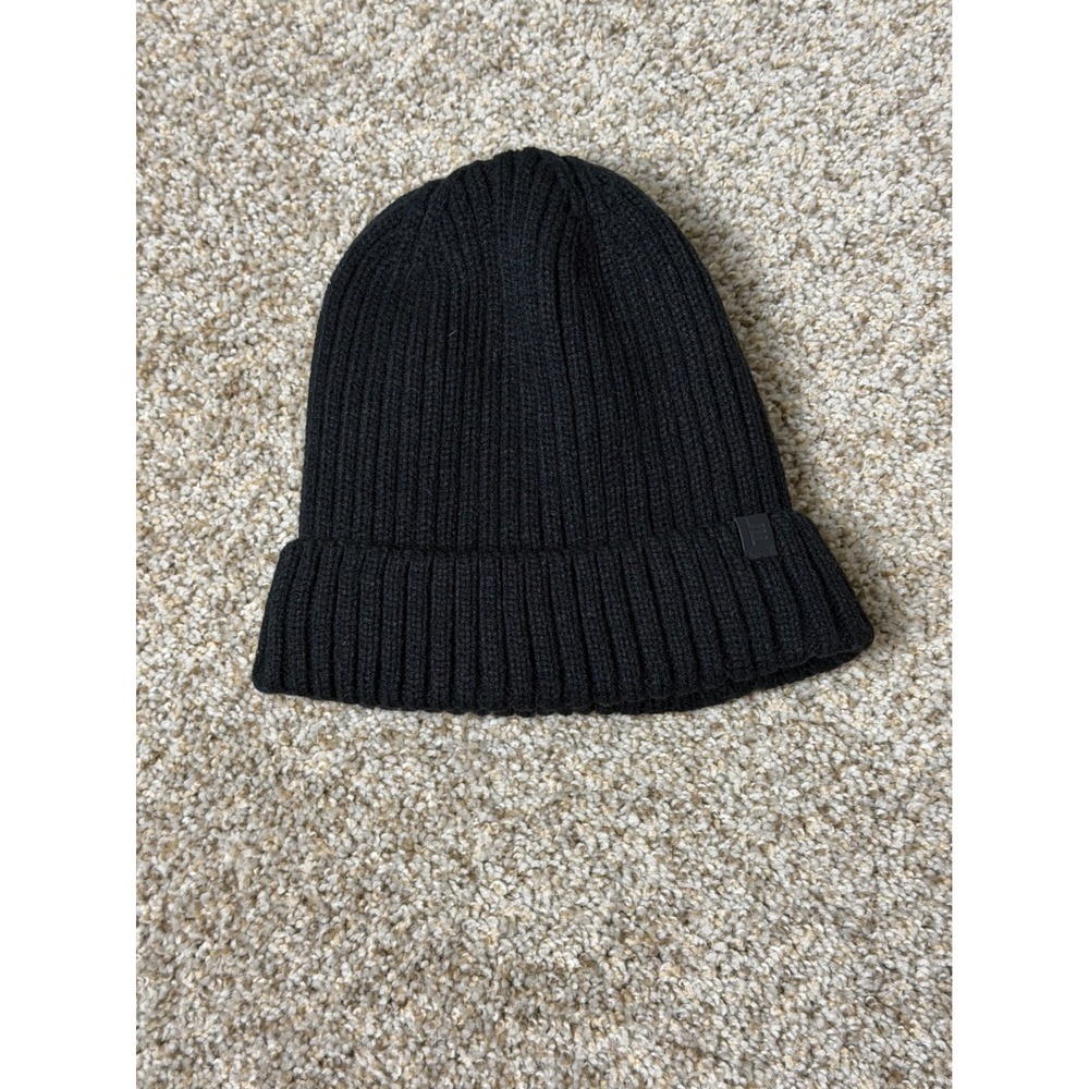 London Fog Womens Black Ribbed Knit Faux Fur Lined Cuffed Beanie Hat